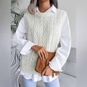 Round Neck Openwork Capped Sleeve Sweater Vest
